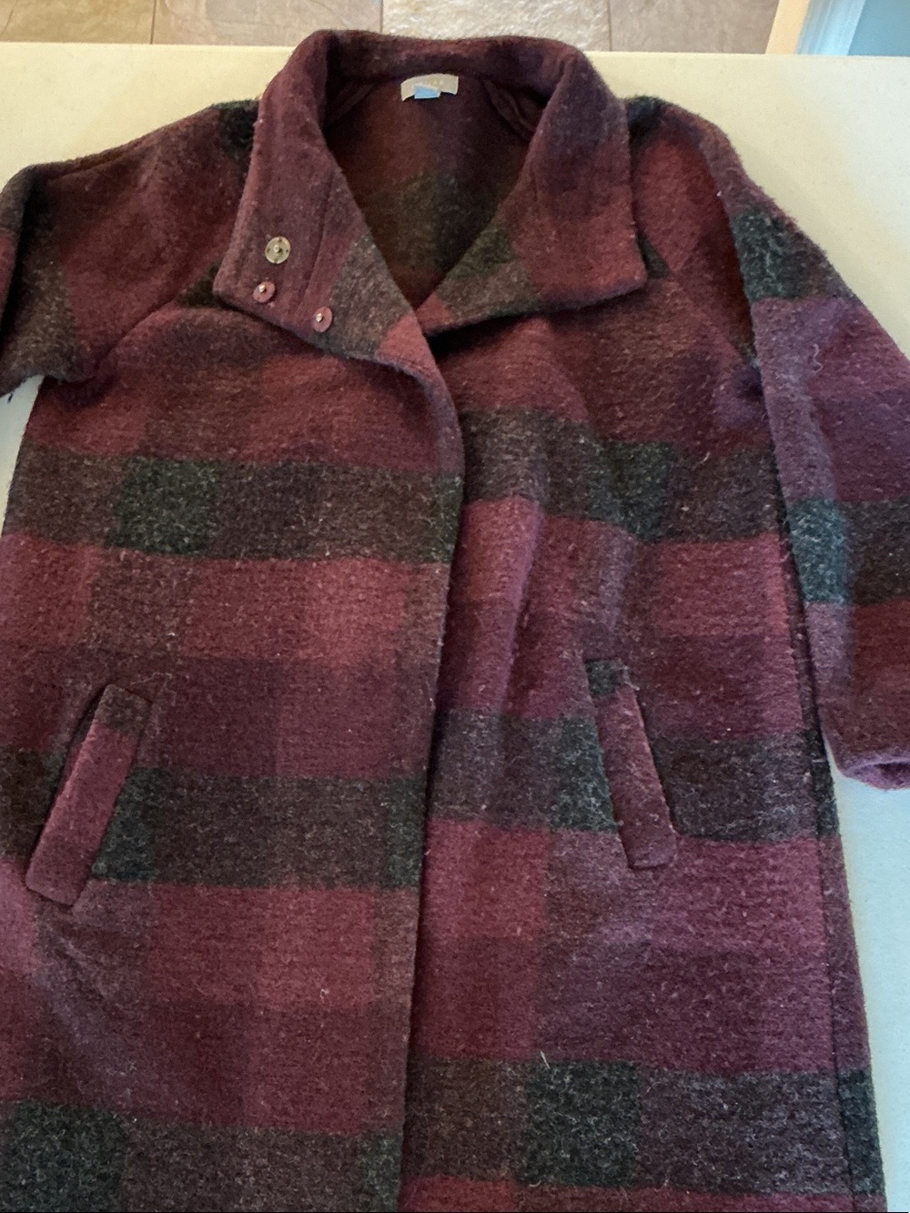 Kenar Burgundy and Gray Plaid Pea Coat